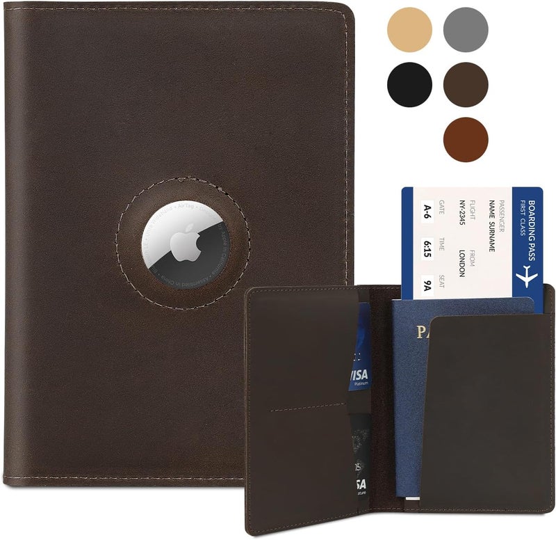 Kicoroiny Airtag Passport Holder for Men and Women Travel, Real Leather Passport Wallet, Handmade Passport Cover Case with Airtag Slot, Travel Must Haves Essentials Accessories Birthday Gift(Crazy Horse,Coffee) - Image 1